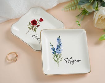 Personalisierte Geburt Blume Trinket Schale, Brautjungfer Geschenk, Geburtstagsgeschenk für sie, Aquarell Blume Ring Schale, Schmuck Aufbewahrung, Keramik Schale