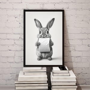 Funny bunny digital art cute rabbit holding toilet paper printable wall decor bathroom humor digital print animal lover gift