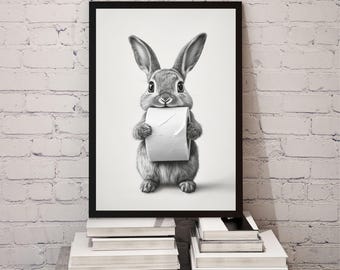 Funny bunny digital art cute rabbit holding toilet paper printable wall decor bathroom humor digital print animal lover gift