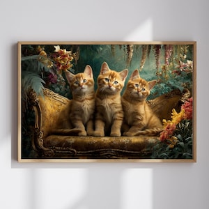 Orange Tabby Kittens Art Print: Whimsical Botanical Couch Decor (Digital Download)