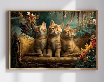 Cute Kittens On Sofa Wall Art Orange Tabby Cat Print Botanical Couch Decor Whimsical Feline Poster Cozy Bedroom Accent Animal Lover Gift