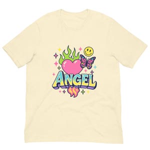 Camiseta con gráfico de ángel cromado Y2K, camiseta con mariposa, corazón y llamas de los años 2000, camiseta de villano con estética viral, top con letras de burbuja de tendencia alternativa