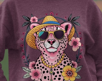 Pink Cheetah Sweatshirt, Chic Safari Leopard, Trendy Sunglasses Hat, Floral Wildcat Crewneck, Stylish Animal Lover Pullover Gift