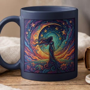 Kaffeetasse mit himmlischer Göttin, Teetasse im Jugendstil mit Mond und Sternen, Tasse im verspielten, mystisch-hexenhaften Stil, traumhaftes Astrologie-Geschenk für Sie