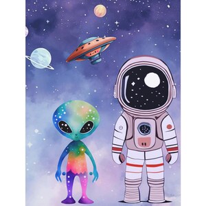 Alien Space Adventure Canvas Art, Cosmic Wall Decor, Kid&#39;s Room Art, Astronaut and Alien Print, Fun Space Theme Decor