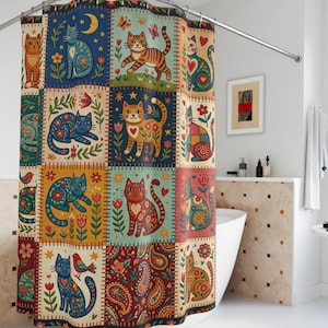 Rideaux de douche art folklorique chat, art félin en patchwork fantaisiste, motif matelassé bohème coloré, décoration florale de salle de bain chats, animal de compagnie dynamique