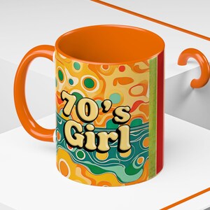 Retro 70&#39;s Girl Coffee Mug - Colorful Accents, Vintage Vibe, Gift for Friends, Home & Kitchen, Fun Collectible