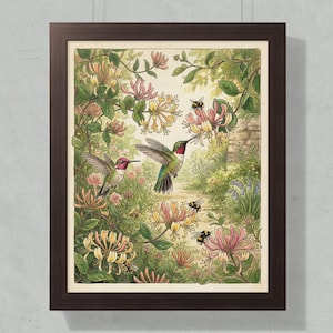 May include: Framed art print featuring two hummingbirds in flight amidst a garden of pink, yellow, and green flowers. Several bees are also present. The artwork is set in a dark brown frame.