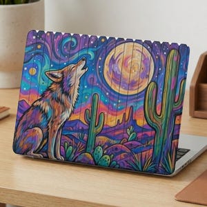 May include: A laptop skin featuring a vibrant, colorful illustration of a coyote howling at a large, glowing moon in a desert landscape with cacti, set against a swirling, multi-colored night sky with a vertical wood-plank texture pattern.