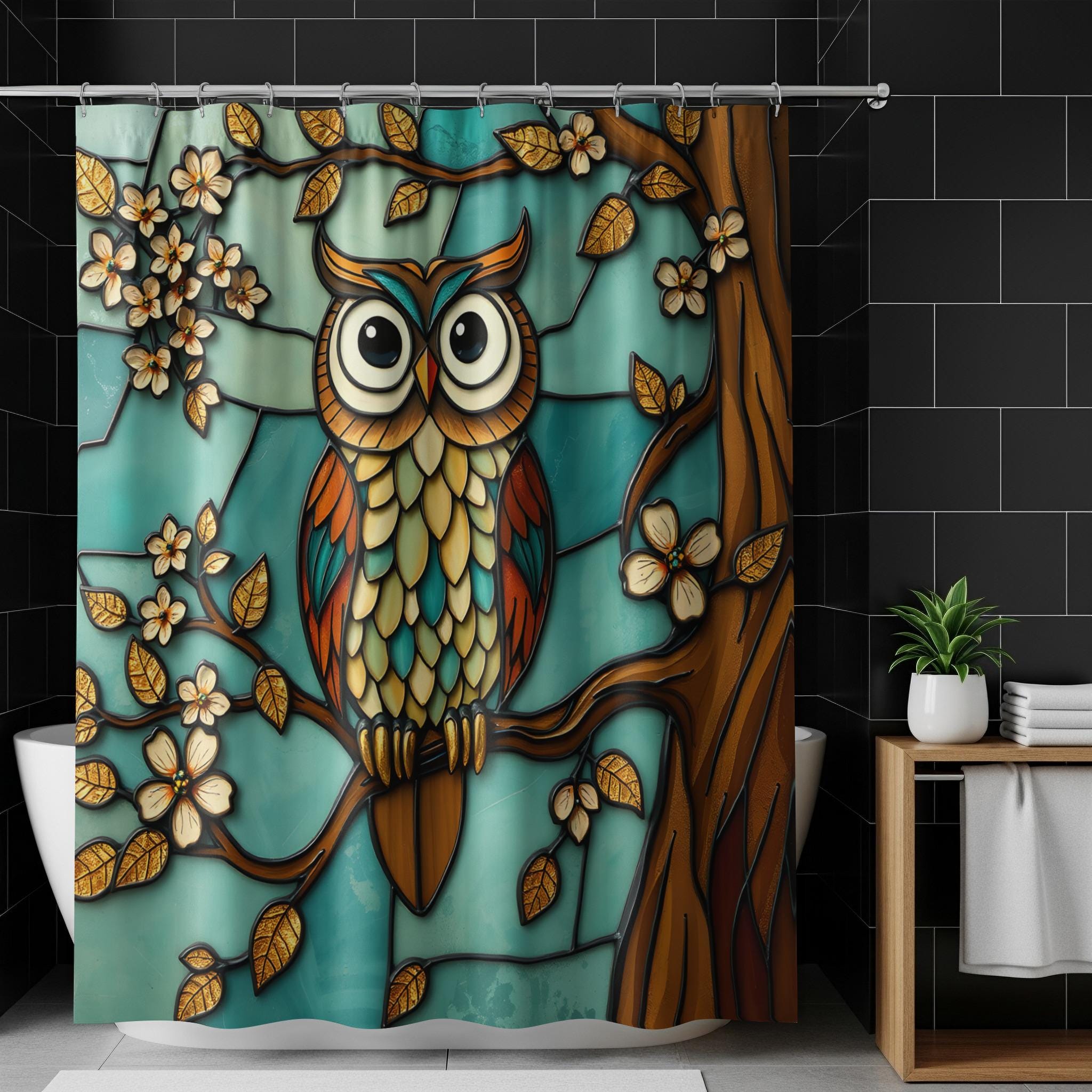 Colorful Stained Glass Owl Shower Curtain, Whimsical Woodland Bird Art, Nature Bathroom Decor, Artis