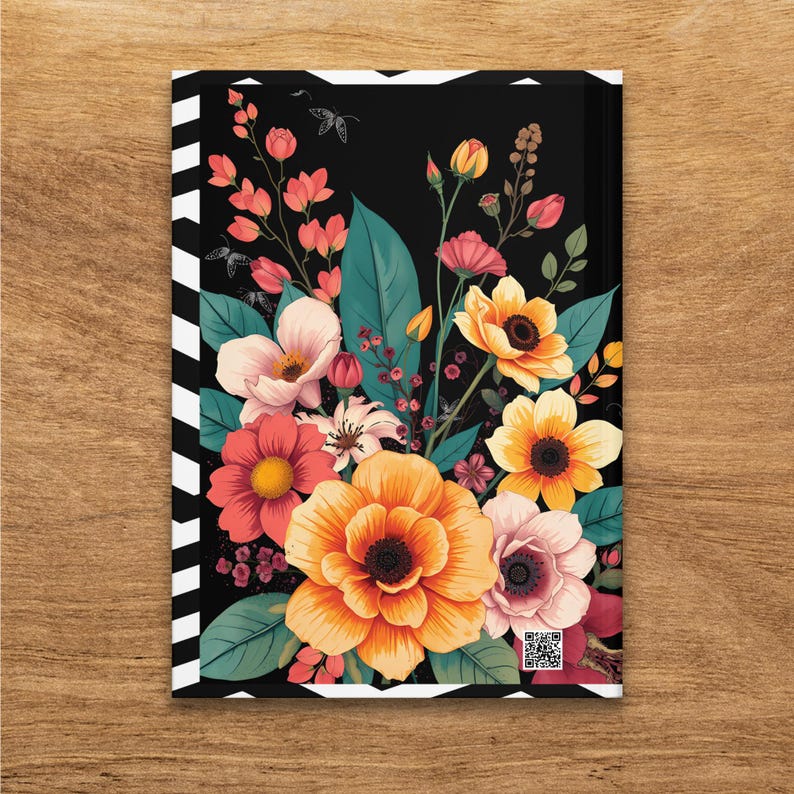 Floral bouquet with orange and pink flowers on a black and white striped background.