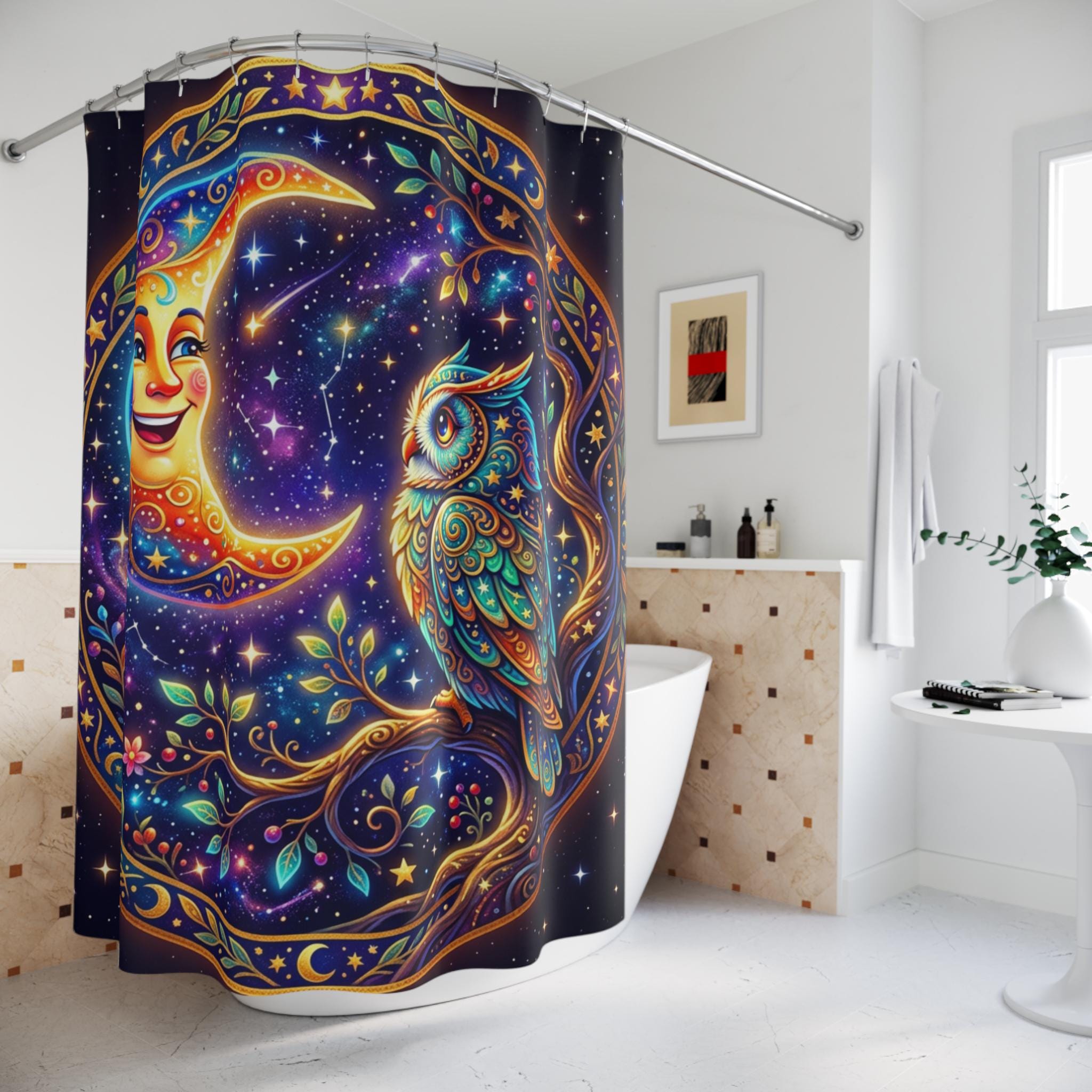 Celestial Moon Owl Shower Curtain | Spiritual Bohemian Bathroom Decor | Faux Gold Enchanting Starry 