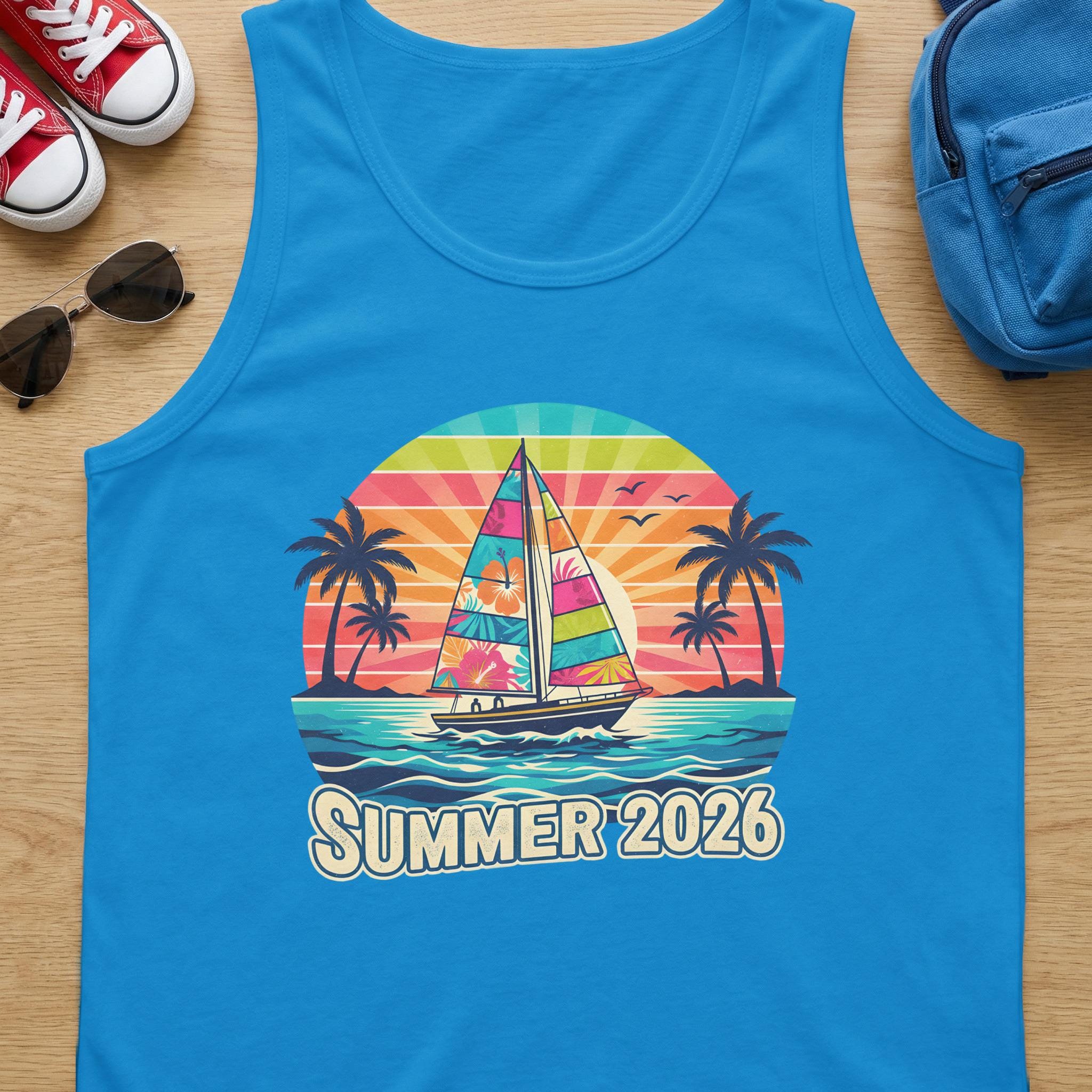 Summer 2026 Tank Top, Tropical Sailboat Vacation Shirt, Retro Beach Sunset Palm Tree Nautical Tank Top for Beach Lovers