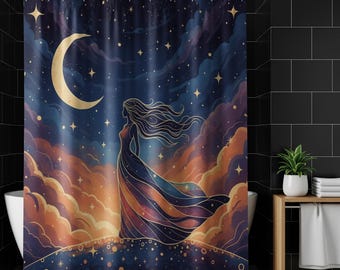 Celestial Woman Shower Curtain, Cosmic Moon Stars, Dreamy Night Sky Art, Ethereal Bathroom Decor