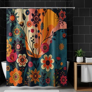 May include: A floral shower curtain with a vibrant design. The curtain features large, stylized flowers in shades of orange, red, pink, and yellow against a teal and navy blue background. The design includes a large orange sun shape.