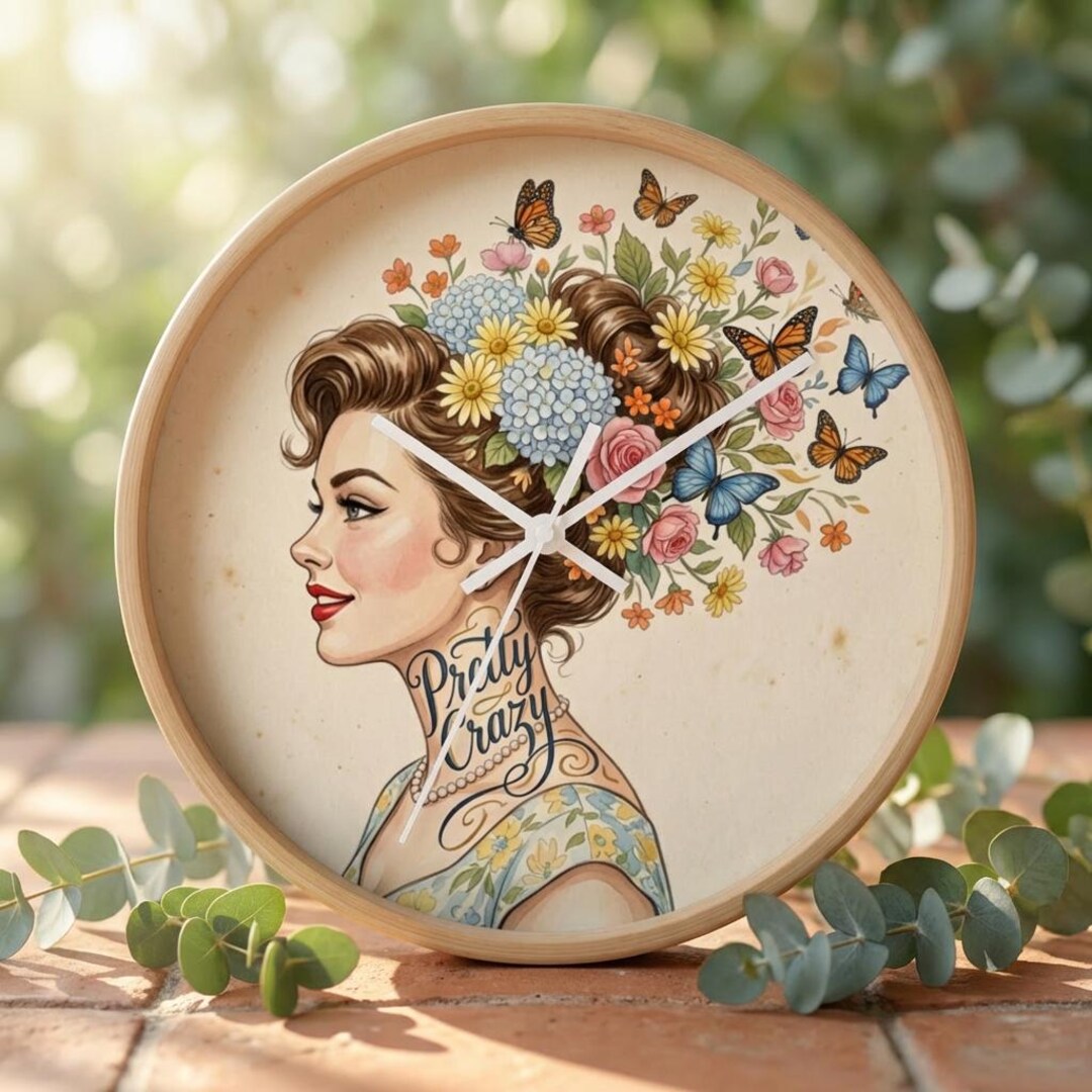 Pinup Clock Face Floral Pinup Woman Wall Clock | Retro Tattoo Style Timepiece, Pretty ...