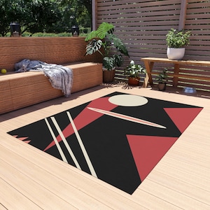 幾何学模様の屋外用ラグ、ピンクと黒の装飾、パティオマット、屋内/屋外用カーペット、ボヘミアンポーチラグ、大胆なエリアラグ