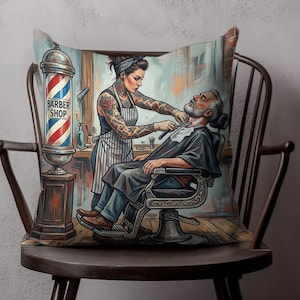 Barbershop-kudde, tatuerad kvinnlig barberkonst, rakhyvel, vintagebarbering, cool killepresent, unik heminredning
