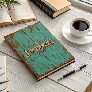May include: A journal with a teal, distressed wood-look cover and the word "Journal" in gold lettering. The journal is open on a wooden table next to a cup of coffee, a pen, and books.