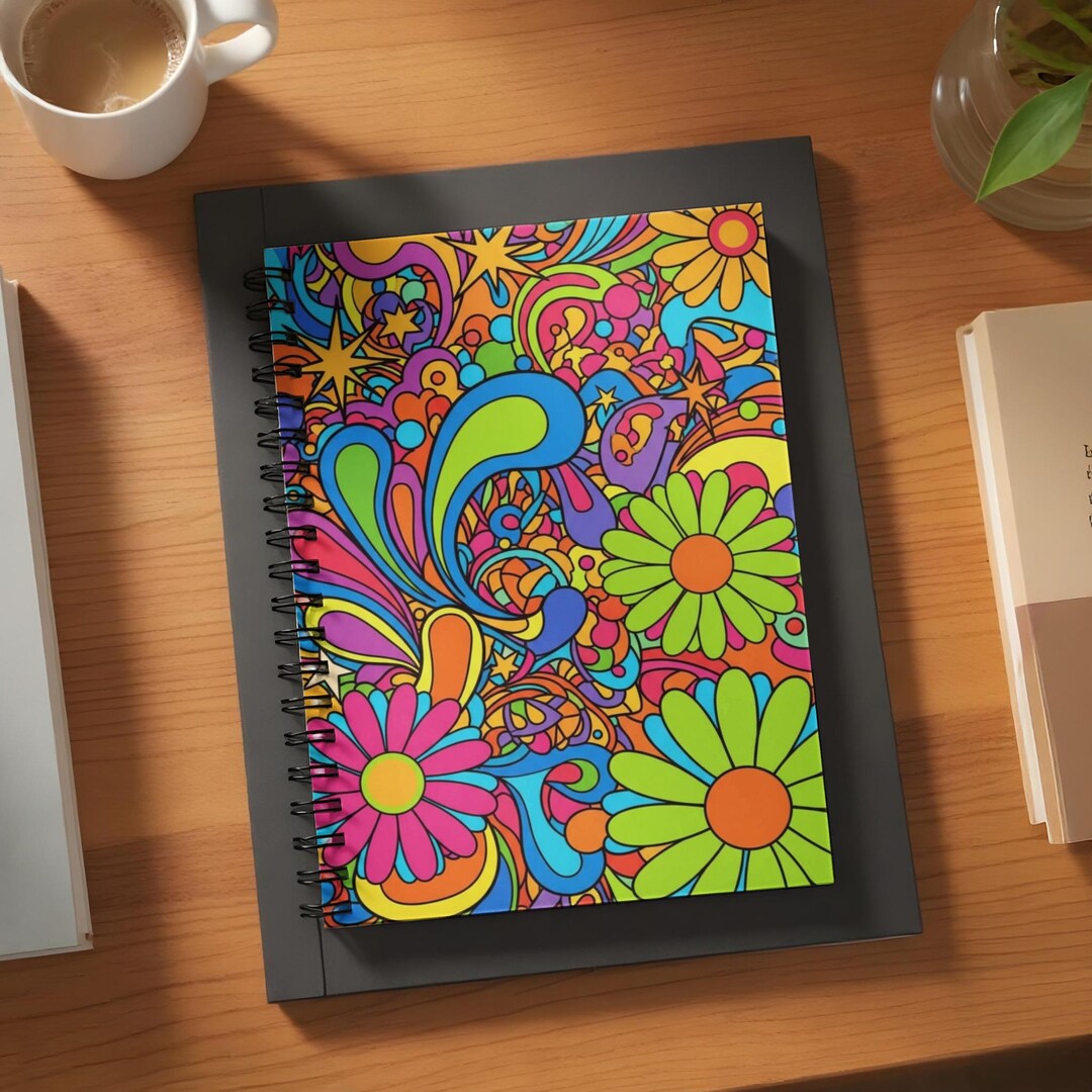 Retro Spiral Notebook, Colorful Floral 70s Pattern, Groovy Flower Power ...