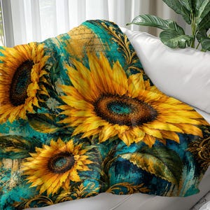 Vibrant Sunflower Fleece Blanket, Golden Teal Blue Artistic Floral Art, Boho Luxury Throw, Rustic Bloom Home Decor, Abstract Nature Inspired