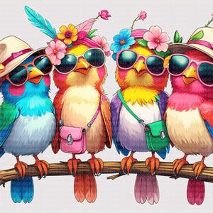 Imágenes prediseñadas de pájaros con flores, 12 imágenes PNG de pájaros divertidos, ilustraciones de pájaros peculiares, pájaros de dibujos animados, imágenes PNG de pájaros gruñones