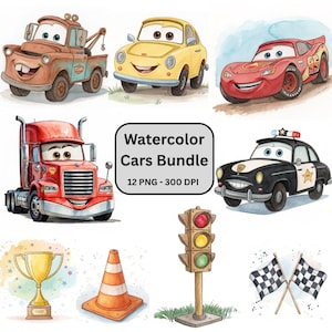 Imágenes prediseñadas de coches de dibujos animados de acuarela, impresiones artísticas de coches de carreras de alta resolución, 12 personajes de coches PNG, descarga instantánea, uso comercial, imágenes prediseñadas lindas