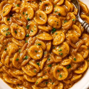 Puede incluir: Primer plano de un bol blanco lleno de un plato de pasta cremoso y naranja. La pasta está cubierta con perejil fresco y pimienta negra.