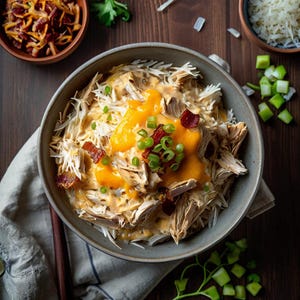 Può includere: Una ciotola di pollo sfilacciato e riso condita con una salsa cremosa arancione, pezzetti di pancetta e cipollotti. Il piatto è servito in una ciotola grigia su un tavolo di legno, con contorni di insalata di cavolo e riso.