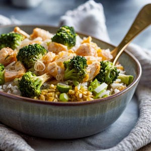 May include: A close-up of a bowl filled with a colorful and healthy meal. The bowl contains white rice, broccoli florets, chicken, and green onions. The bowl is light blue with a brown rim.