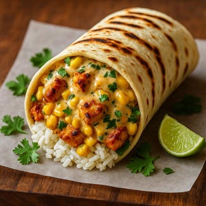 May include: A close-up of a burrito filled with rice, corn, and chicken, with a creamy sauce and cilantro. The tortilla is grilled with dark brown grill marks. A lime wedge and cilantro sprigs are on the side. The burrito is on a piece of parchment paper.