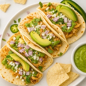 Könnte beinhalten: Draufsicht auf vier Tacos auf einem weißen Teller. Jeder Taco ist mit zerkleinertem Hühnchen, Guacamole, roten Zwiebeln, Koriander, Avocadoscheiben und zerbröseltem Käse gefüllt. Tortilla-Chips und eine kleine Schüssel mit grüner Sauce sind ebenfalls vorhanden.