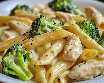 La MEJOR RECETA: Penne cremoso con brócoli y pollo para imprimir / Cena fácil en olla de cocción lenta / Comida de descarga instantánea / Preparación de comida con pollo