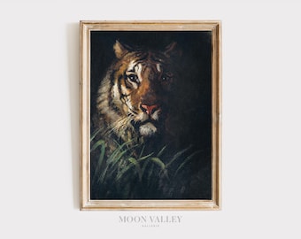 Tiger Portrait Wall Art, Moody Jungle Animal Print, Dark Wildlife Decor, Vintage Big Cat Painting, Printable Digital Download, Nature Poster