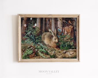 Antique Rabbit in Forest Printable | Botanical Bunny Wall Art | Woodland Animal Digital Download | Vintage Nature Illustration Decor