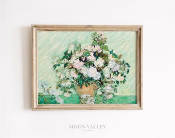 Grüne botanische Wandkunst | Van Gogh Rosen Druck (digitaler Download)