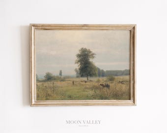 Antique Cow Painting | Rustic Farm Landscape, Earthy Decor (Digital Download)