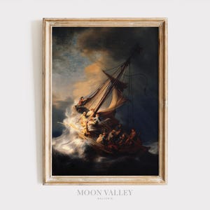 May include: A painting depicting a ship caught in a tempestuous storm. The vessel is being tossed about by the waves, and the crew are battling to stay afloat. The sky is dark and stormy, and the sea is rough and turbulent.
