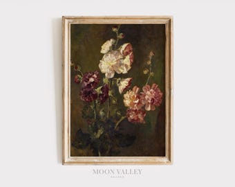 ヴィンテージ風のムーディーな植物画 | ダークな花柄のウォールアート（デジタルダウンロード）