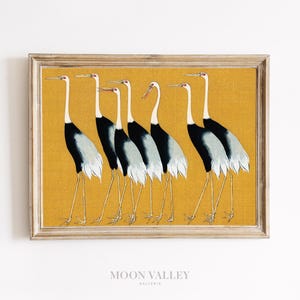 Japanese Crane Wall Art | Red Crowned Cranes Printable | Vintage Japanese Bird Print | Asian Art Download | Golden Background Crane Decor