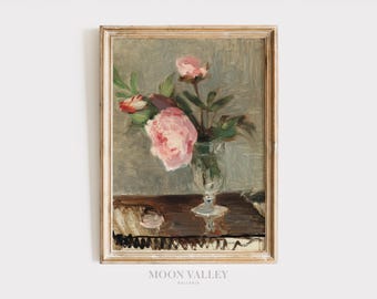 Vintage Peony Still Life Art Print | Romantic Floral Painting (Digital Download)