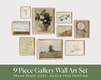 French Country Gallery Wall Art Set | 9 Neutral Botanical & Landscape Prints (Digital Download)