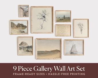 French Country Vintage Prints | Neutral Landscape & Botanical Gallery Wall Art Set (Digital Download)