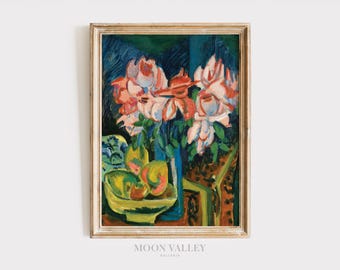 May include: An abstract floral still life painting in a gold frame. The artwork features a vase of pink and white flowers, with green and yellow fruit in a bowl. The background is a mix of blue, green, and brown.