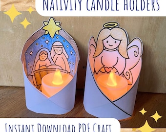 Op de afbeelding: Twee papieren kerststal kaarshouders met LED-kaarsen. Eén toont de kerststal, de andere een engel. De tekst "Nativity Candle Holders" en "Instant Download PDF Craft" is zichtbaar.