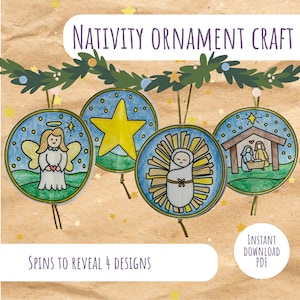 Puede incluir: Cuatro adornos redondos de la Natividad con diferentes diseños: un ángel, una estrella, el niño Jesús y una escena del pesebre. Los adornos son azules y blancos con detalles dorados. El texto "Nativity Ornament Craft" está en la parte superior.