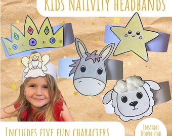 May include: A collection of five Kids Nativity Headbands, including a crown, star, angel, donkey, and sheep. The headbands are made of paper and feature colorful illustrations. The text "Kids Nativity Headbands" and "Includes five fun characters" are displayed.