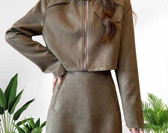 Brown Faux Suede Crop Jacket & Mini Skirt Set: Chic Two-Piece Outfit