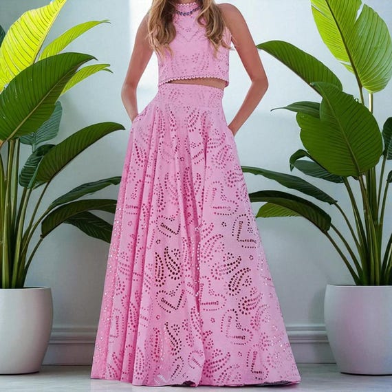 Light Pink Eyelet Skirt Set: Broderie Anglaise Crop Top & Maxi