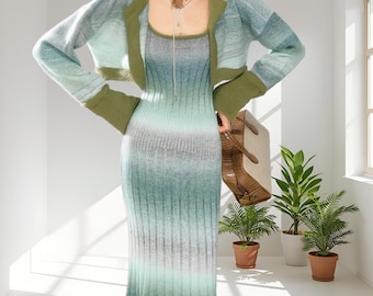 Conjunto de vestido largo de punto degradado y cárdigan corto: prendas de punto azul verdoso